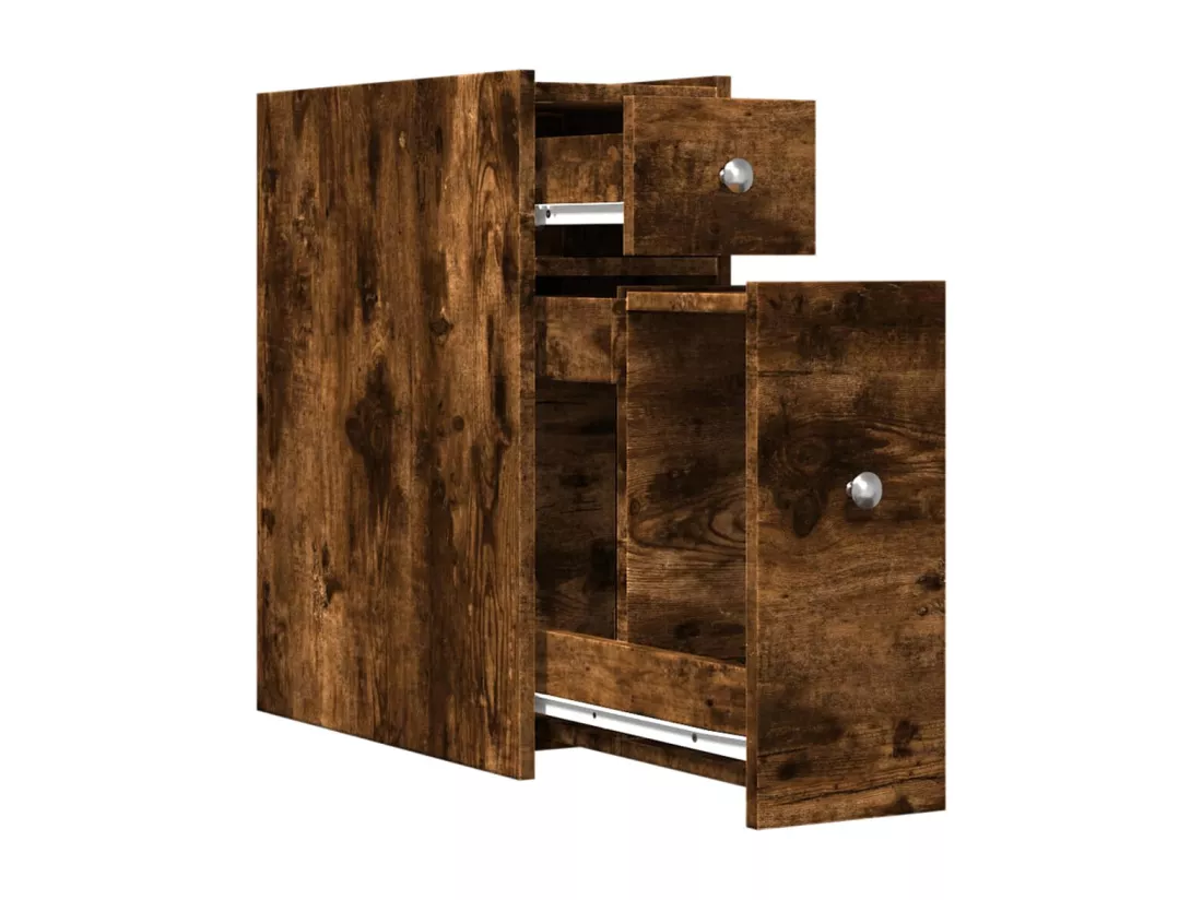 Armoire de salle de bain étroite avec roulettes chêne fumé