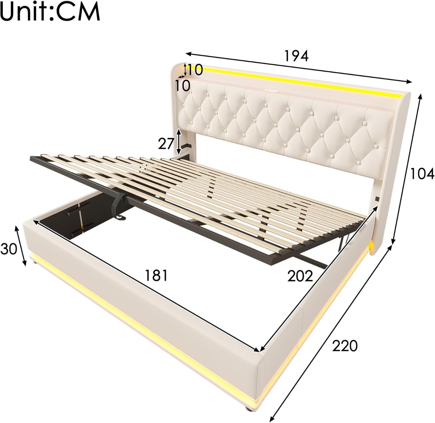 Polsterbett Doppelbett 180x200, LED Jugendbett Hydraulisch Stauraumbett Funktionsbett Bettgestell mit Stauraum & Lattenrost, Kopfteil mit USB Typ-C Ladefunktion & Staufach, PU, Ohne Matratze, Weiß