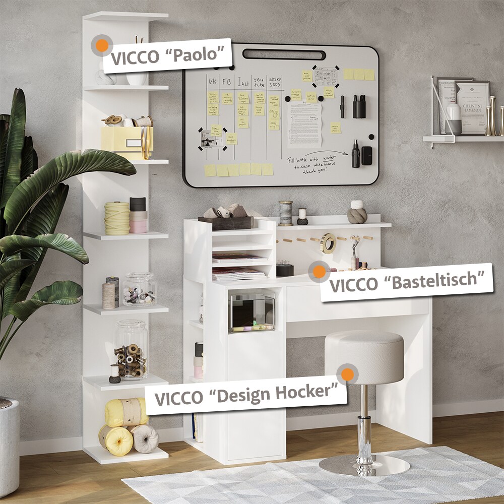 Vicco Schreibtisch, Weiß, 3 Teile, mit Bücherregal und Hocker