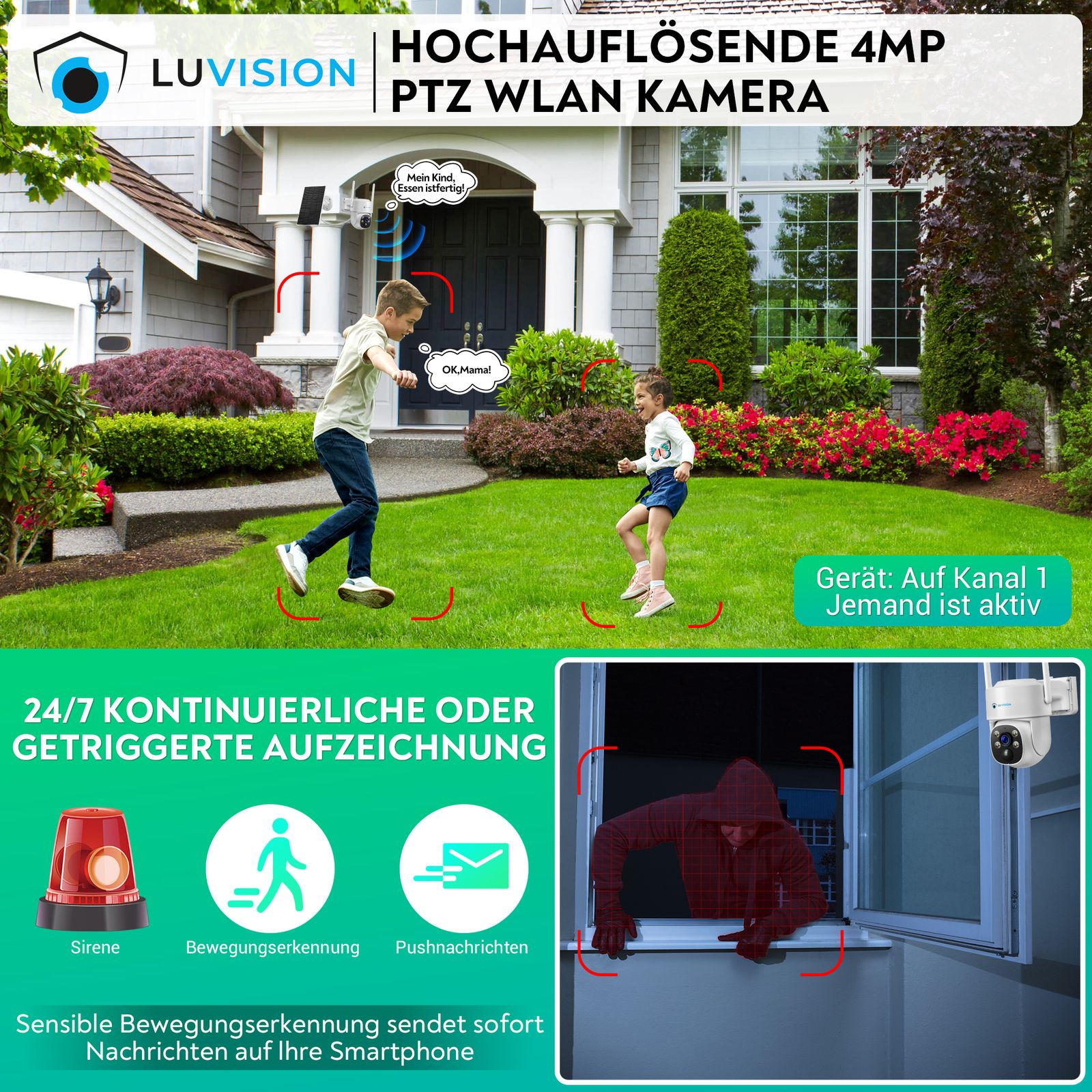 LUVISION Dual WLAN PTZ Überwachungssystem mit LED Monitor 4MP Solar PTZ Überwachungskamera Mikrofon, Sirene, Smarte Nachtsicht