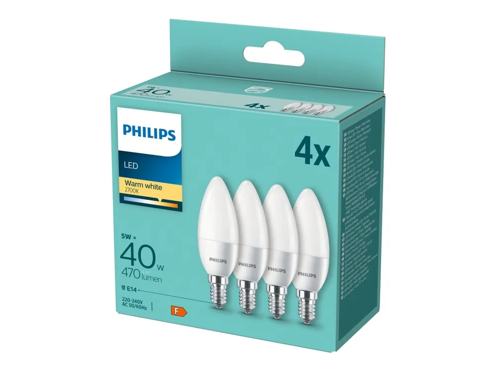 Philips - LED-lyspære - form: B35 - matteret finish - E14 - 5 W (tilsvarende 40 W) - klasse F - varmt hvidt lys - 2700 K (pakke med 4)