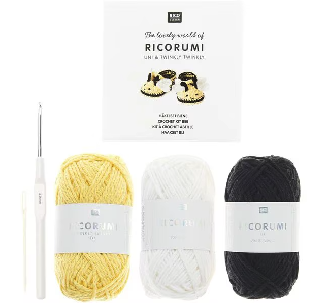 (6-tlg. Set) Ricorumi Twinkly Twinkly Häkelset Strick Garn Wolle DIY Mercerie Zubehör inkl. Nadel (400027.028) - Baby Booties / Biene