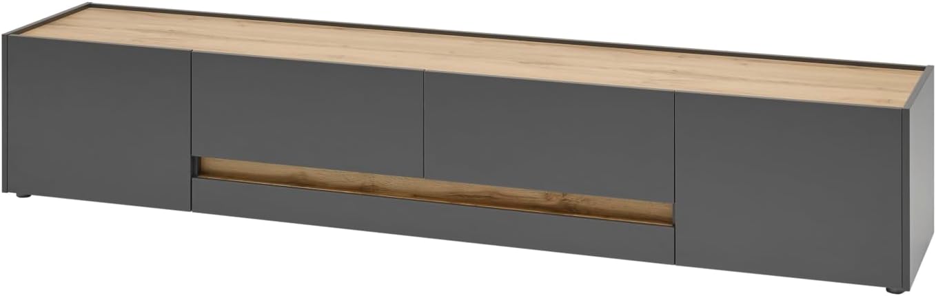 TV Unterteil Lowboard in Eiche Wotan Holz und grau matt Wohnzimmer Fernseher Schrank Mediaschrank TV-Board 223 x 40 cm Center (TV-Lowboard 3)