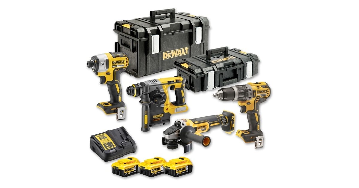 DEWALT18V XR 4-Delige voordeelset DCK422P3-QW gereedschapsset  (Geel/zwart, 4x Accu gereedschap, 3× 5.0Ah accu’s en lader, 2x koffer)