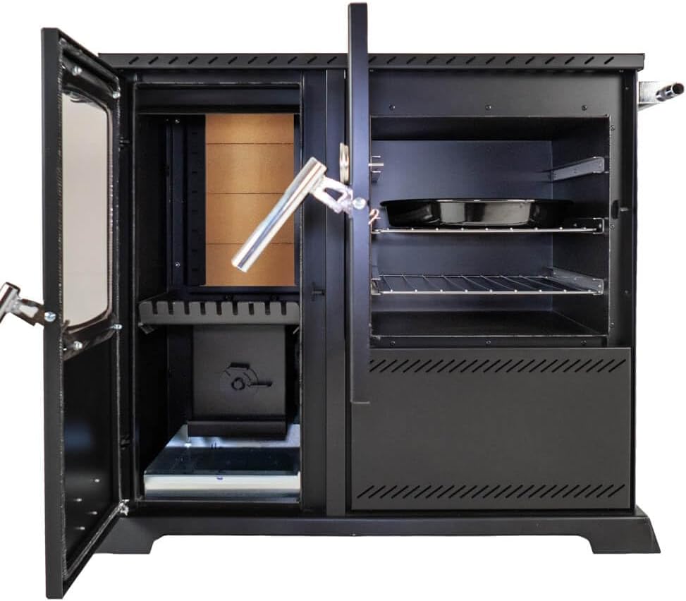 Babas Saphire Hybridofen Pellets und Holz Kombiofen Kaminofen mit Backfach und Herdplatte 10 kW Pelletofen ohne Strom Holzofen Holz Ofen Kamin