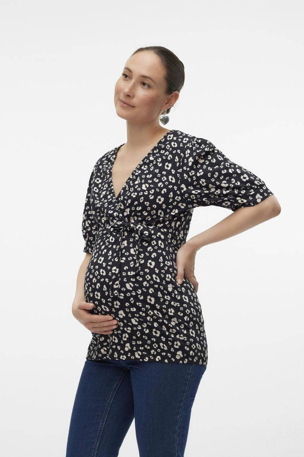 MAMALICIOUS zwangerschapstop MLHAZELA met all over print en overslag detail zwart/wit