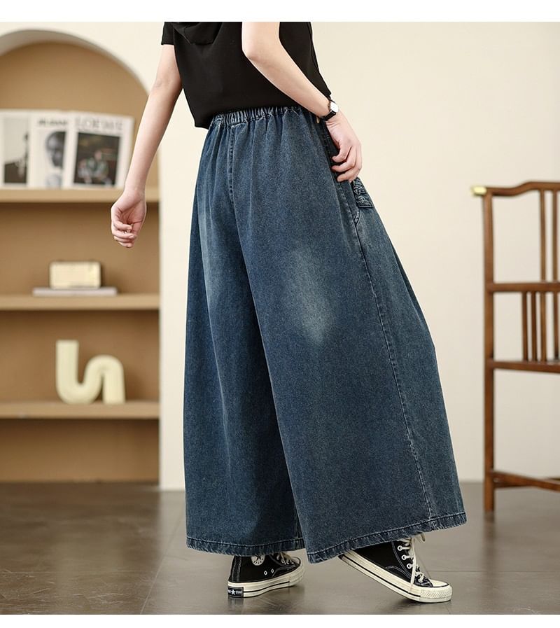 Lewwe - Elastische taille kikkerknoop gewassen denim culottes