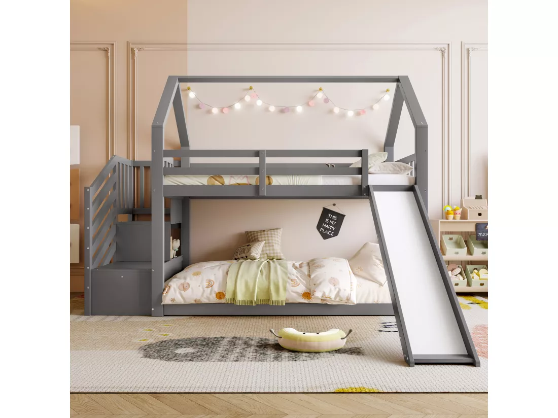 Lit superposé 90x200cm en bois - avec barrières + escalier de rangement + toboggan - Gris