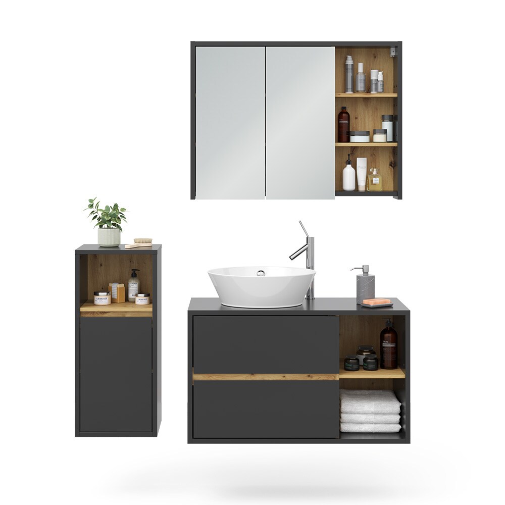 Vicco Badmöbel-Set Badezimmer-Möbel Bad-Schrank Viola Anthrazit Eiche modern Badezimmerschrank Waschtischunterschrank Spiegelschrank Midischrank Schranktür Schrankfach Ablage Aufbewahrung