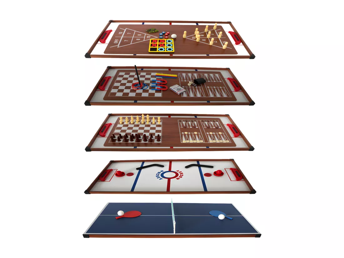 Plateaux Multi-jeux, 14 jeux : Ping Pong, Air Hockey, Bowling, Echec, Mikado, Back Gammon 97 x 49 x 3 cm