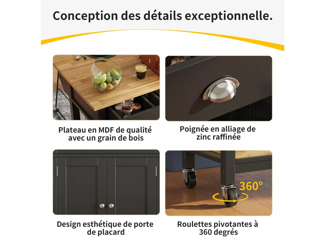 Ilot central de cuisine - chariot à roulette avec plateau extensible - 3 tiroirs et 2 portes - Noir