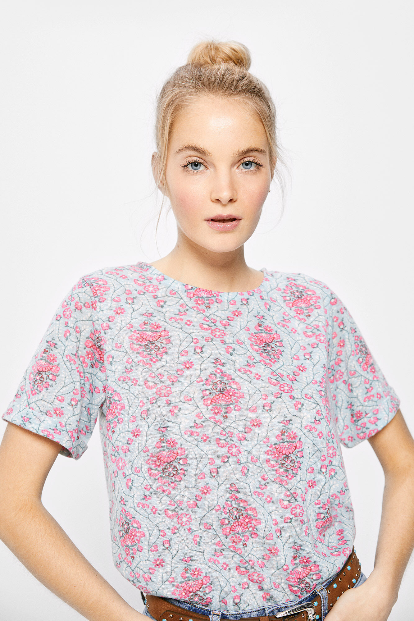 Camiseta estampada com mangas dobráveis - Azul Médio