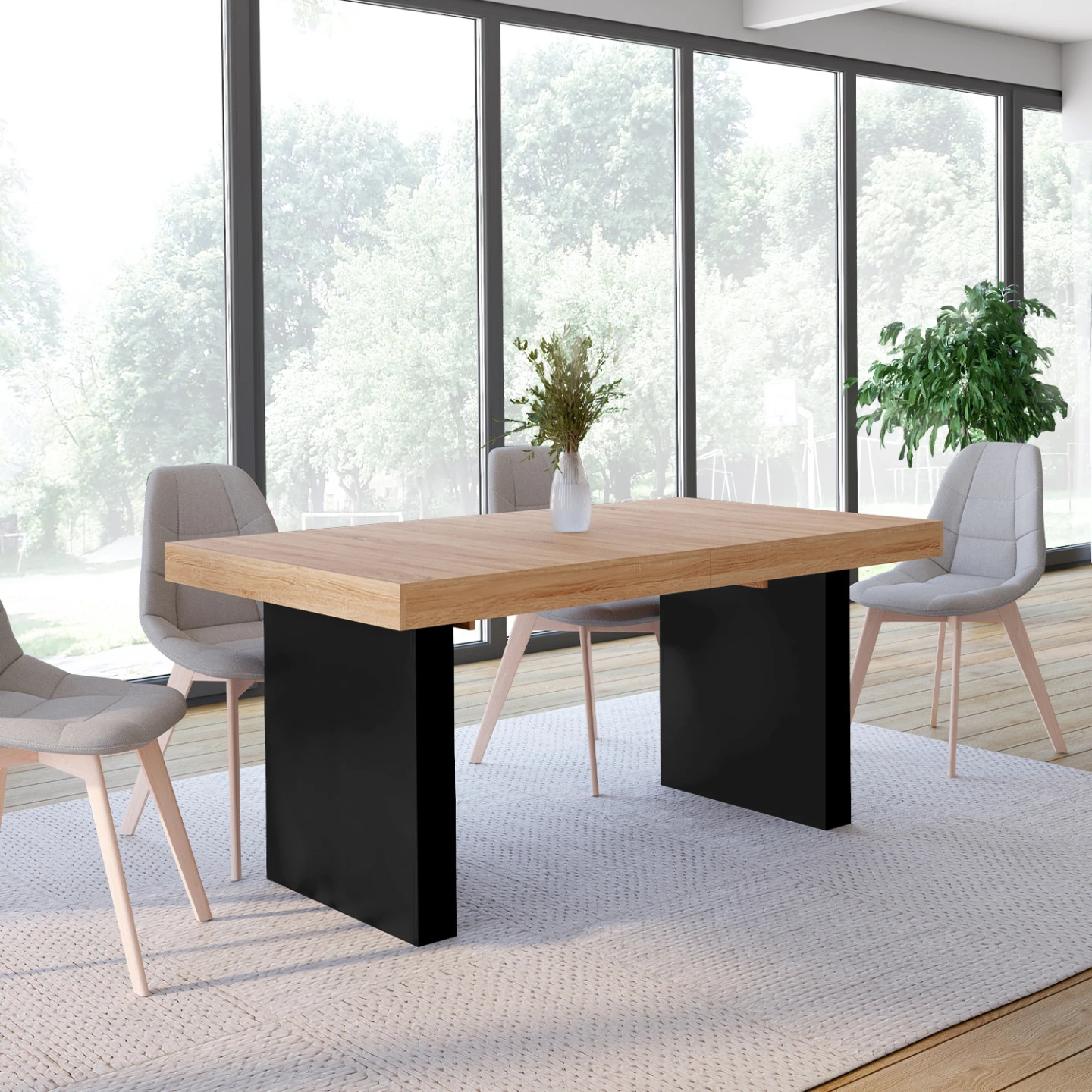 Table à manger extensible rectangle VITO 6-10 personnes bois et noir 160-200 cm