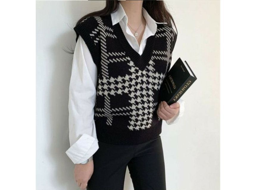 FR - V-hals pied-de-poule trui vest