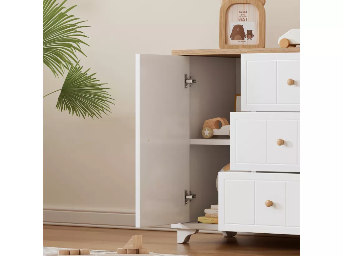 Buffet 140x45x84cm, avec 3 tiroirs et 2 portes, avec poignée, pour le séjour et la chambre, MDF+aggloméré, blanc+naturel