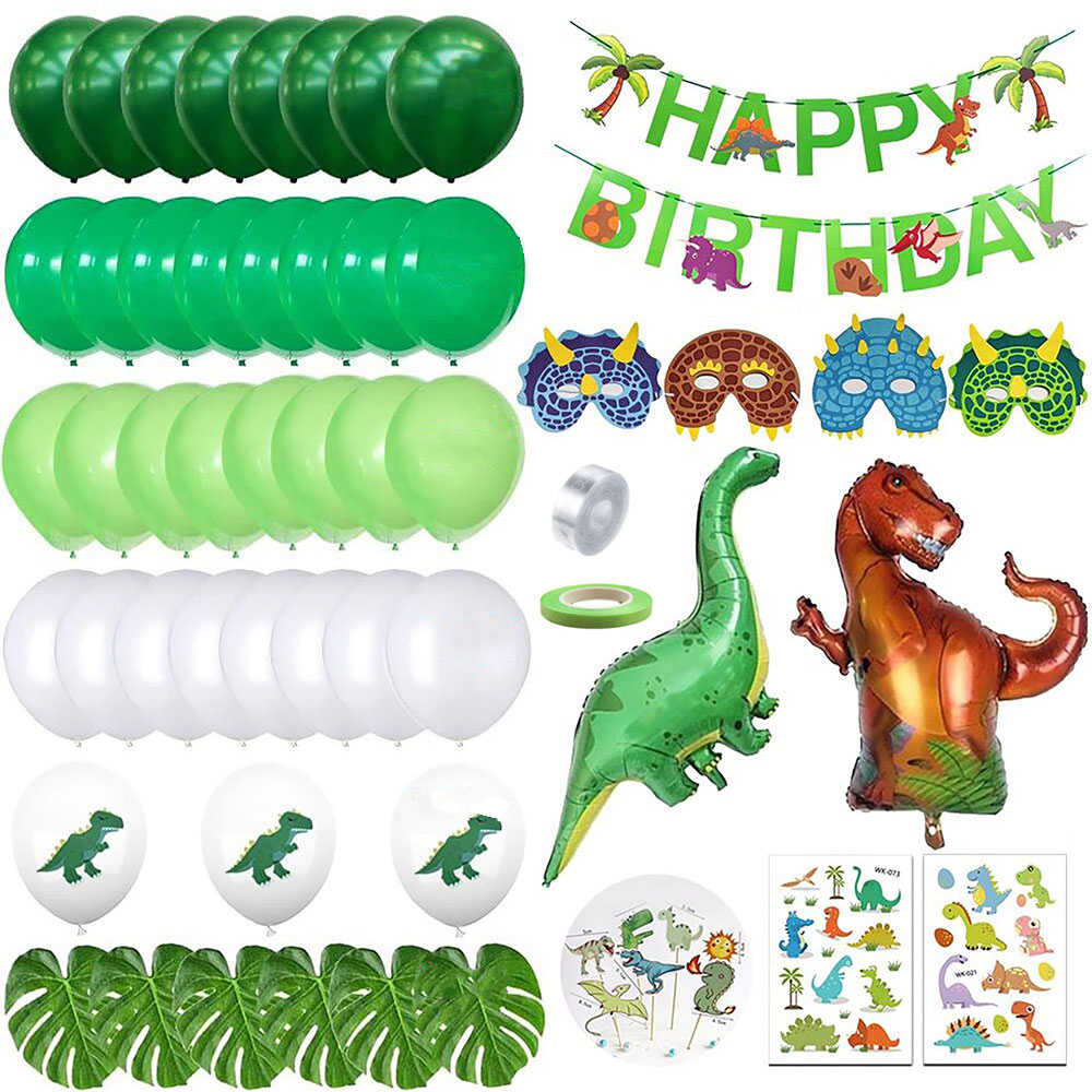(107-tlg. Set) Happy Birthday Girlande Kinder Geburtstags Deko Dinosaurier   Folienballons / Kuchenstecker / Haut Sticker / Palmenblätter - Grün