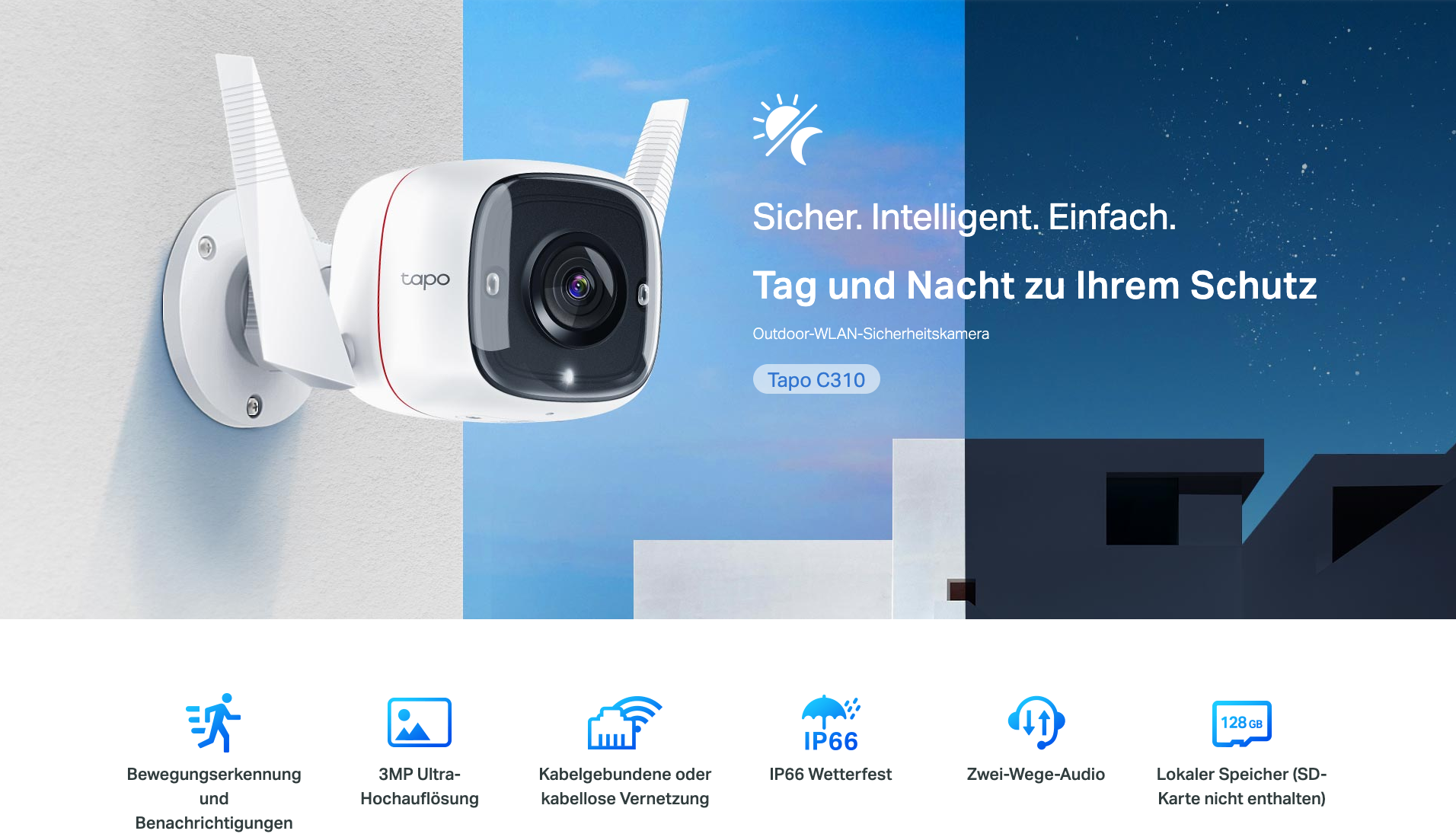 Tapo C310 Outdoor WiFi Kamera 3MP (2304x1296p) Nachtsichtfunktion und Bewegungserkennung / Audio / Micro SD Slot / (iOS/Android)