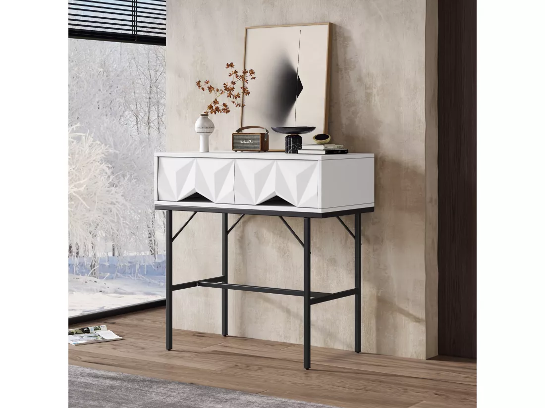 Table console moderne, design creux à 2 tiroirs, Blanc & Noir