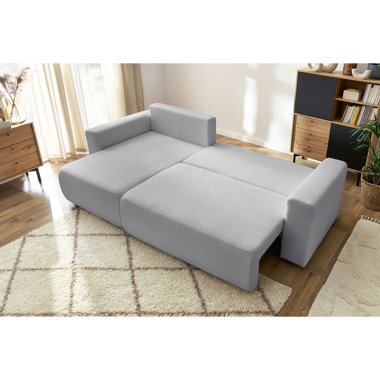 Bobochic Canapé d'angle convertible reversible bouclette Envy gris clair - 282x153x95 cm