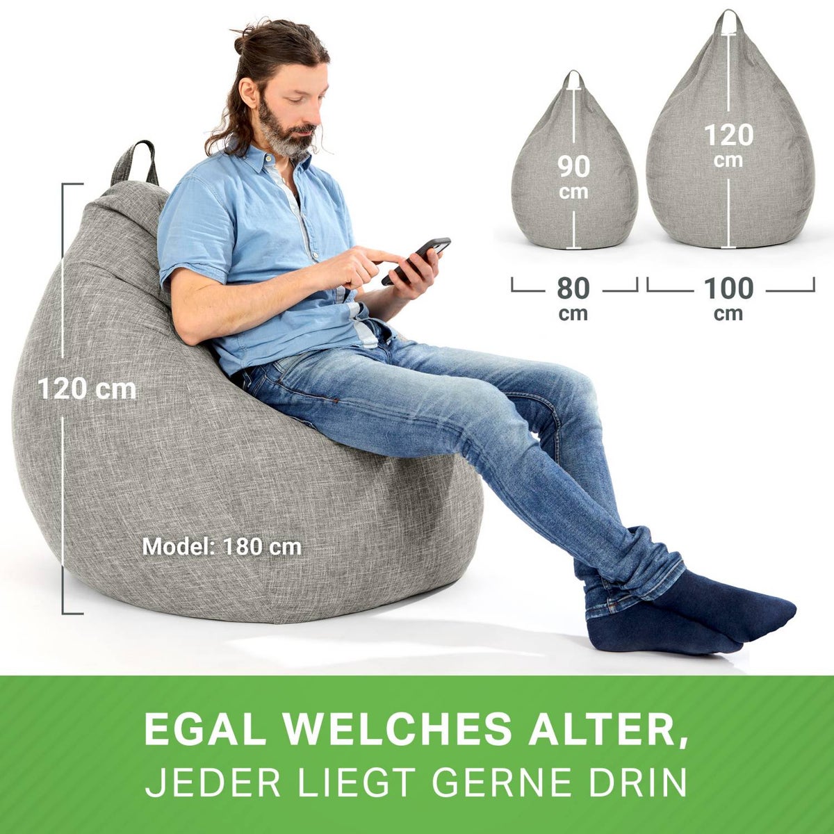 Green Bean Indoor Zitzak met 200 liter gevuld met EPS-korrels, knuffelzacht, wasbaar - Stoffen vloerkussen, ligstoel, zitkussen, loungestoel voor binnen - Zilvergrijs