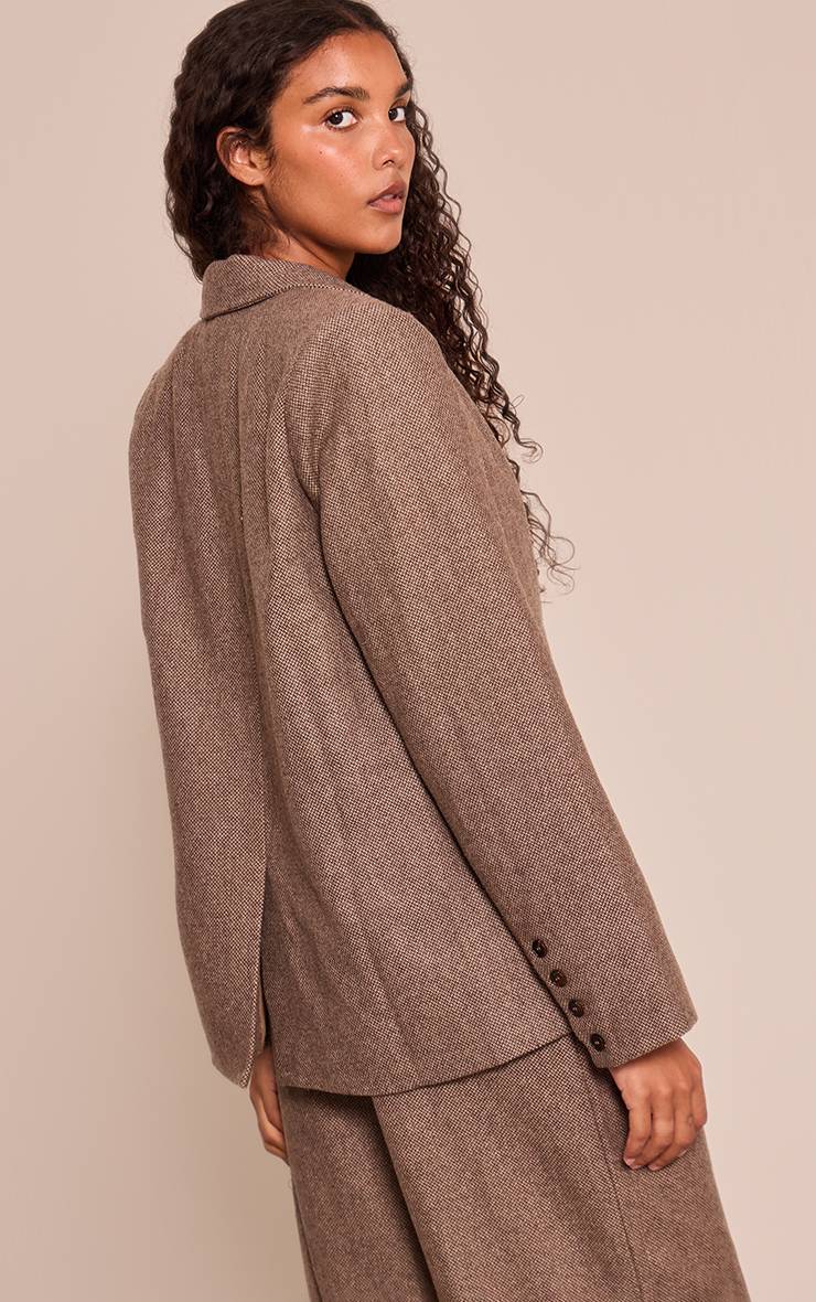 Marron Blazer Ajusté Brossé À Motif Pied-de-poule