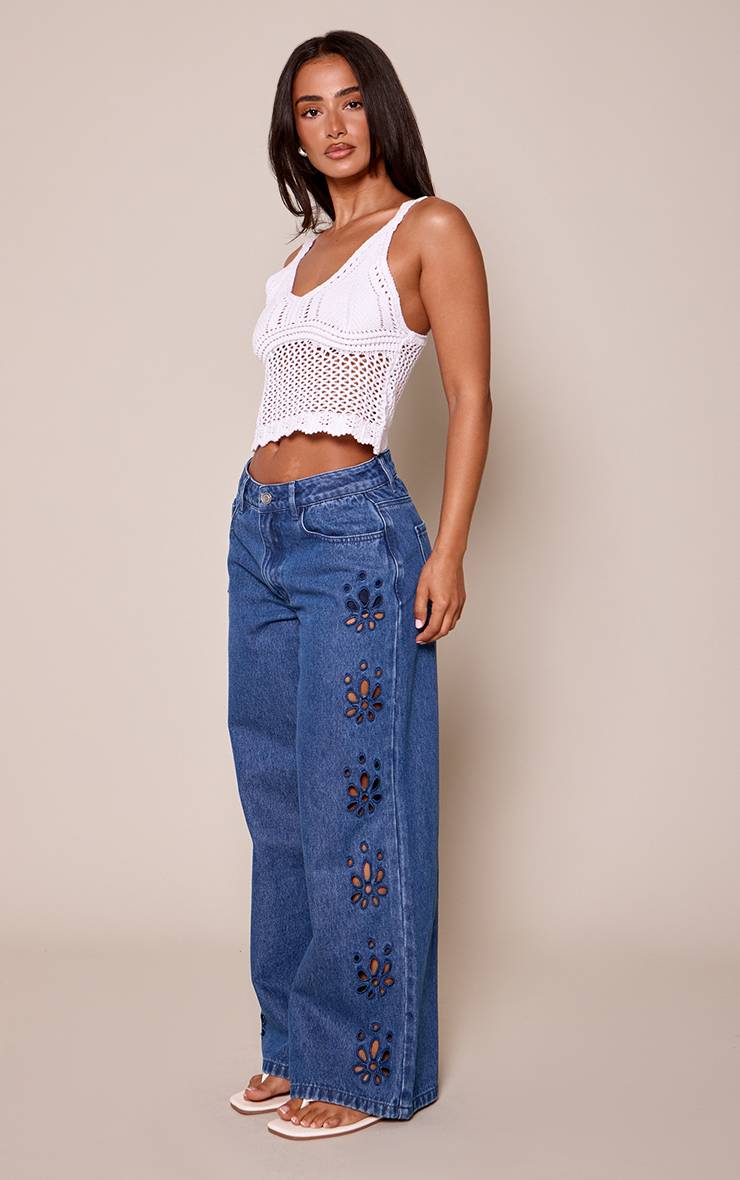Mid Blue Wash Jean Droit Petite Bleu Moyen À Découpes Florales
