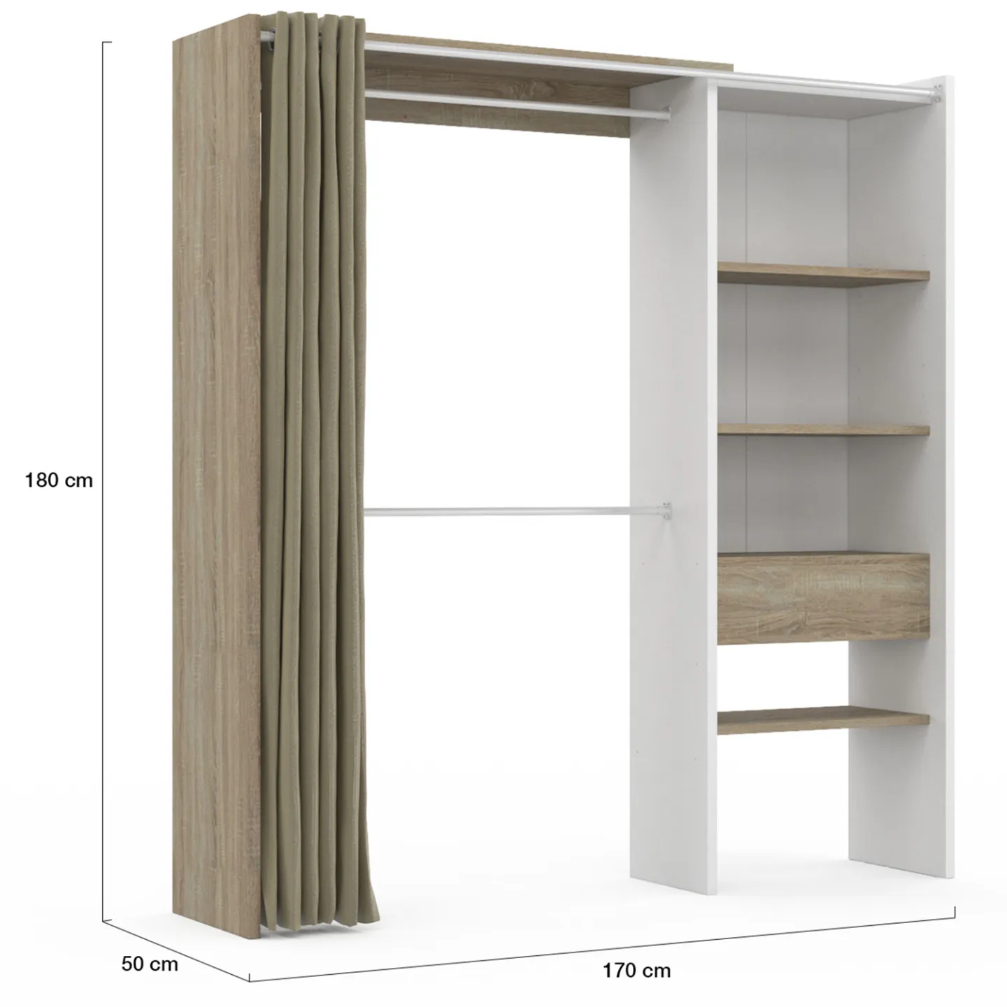 Dressing extensible MARTY 120/170 x 50 x 180 cm blanc avec étagères hêtre + double penderie + rideau taupe