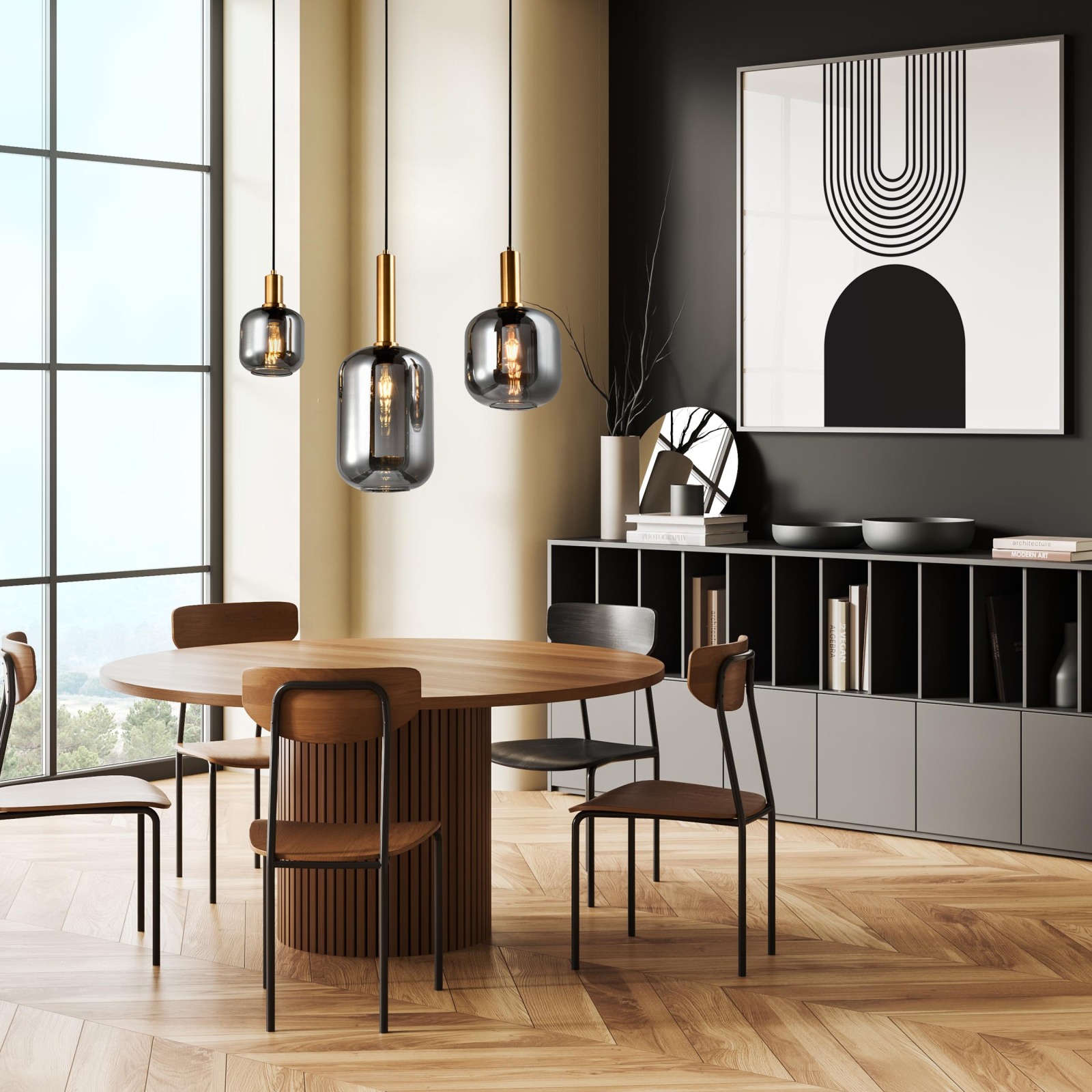 Pendelleuchte FUMO - schwarz-gold - Rauchglas - 3-flammig