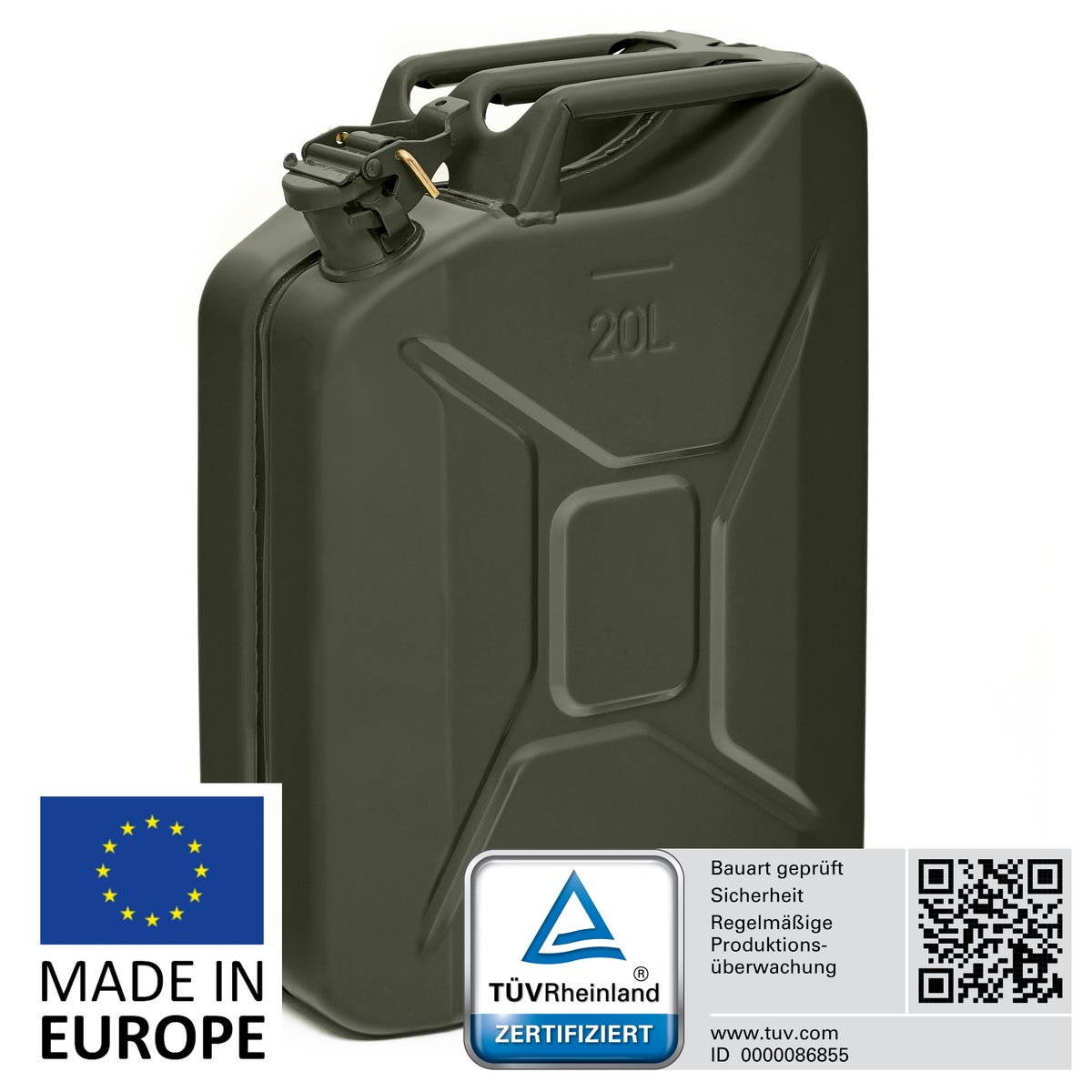BW Metalen Brandstofjerrycan, Benzinejerrycan, 20 liter - Bronsgroen - RAL 6031-F9 - TÜV-getest en UN-goedgekeurd - Gemaakt in Europa