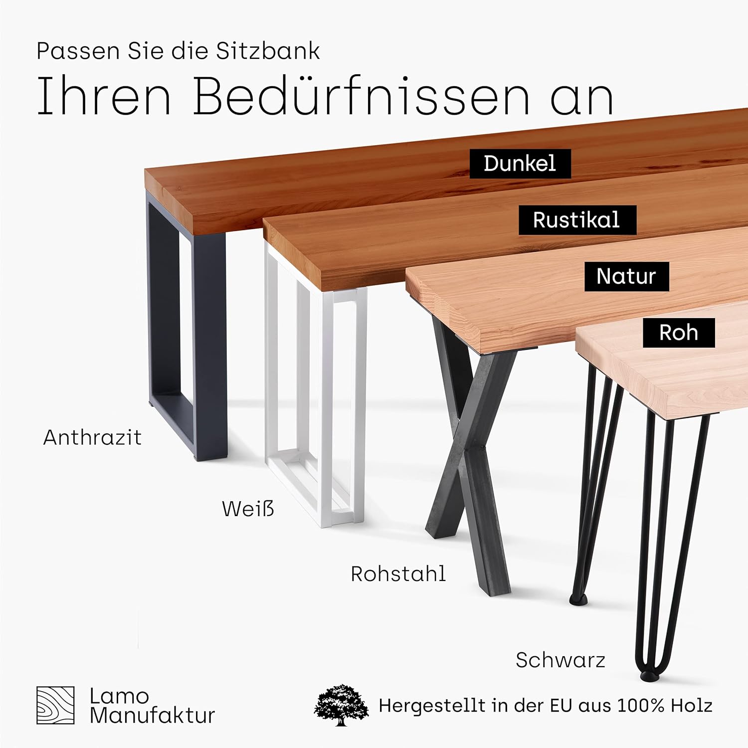 LAMO Manufaktur Sitzbank Esszimmer Holzbank 30x60x47 cm, Möbelfüße Simple Anthrazit/Roh, LSB-01-A-001-60-7016S