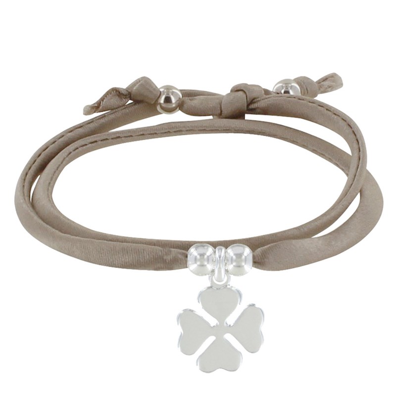 Bracelet Double Tour Lien Satin et Trèfle Argent - Beige