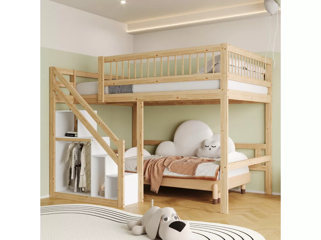Lit mezzanine 140 x 200 cm avec placard de rangement - Bois massif + MDF - Naturel et blanc (sans matelas)