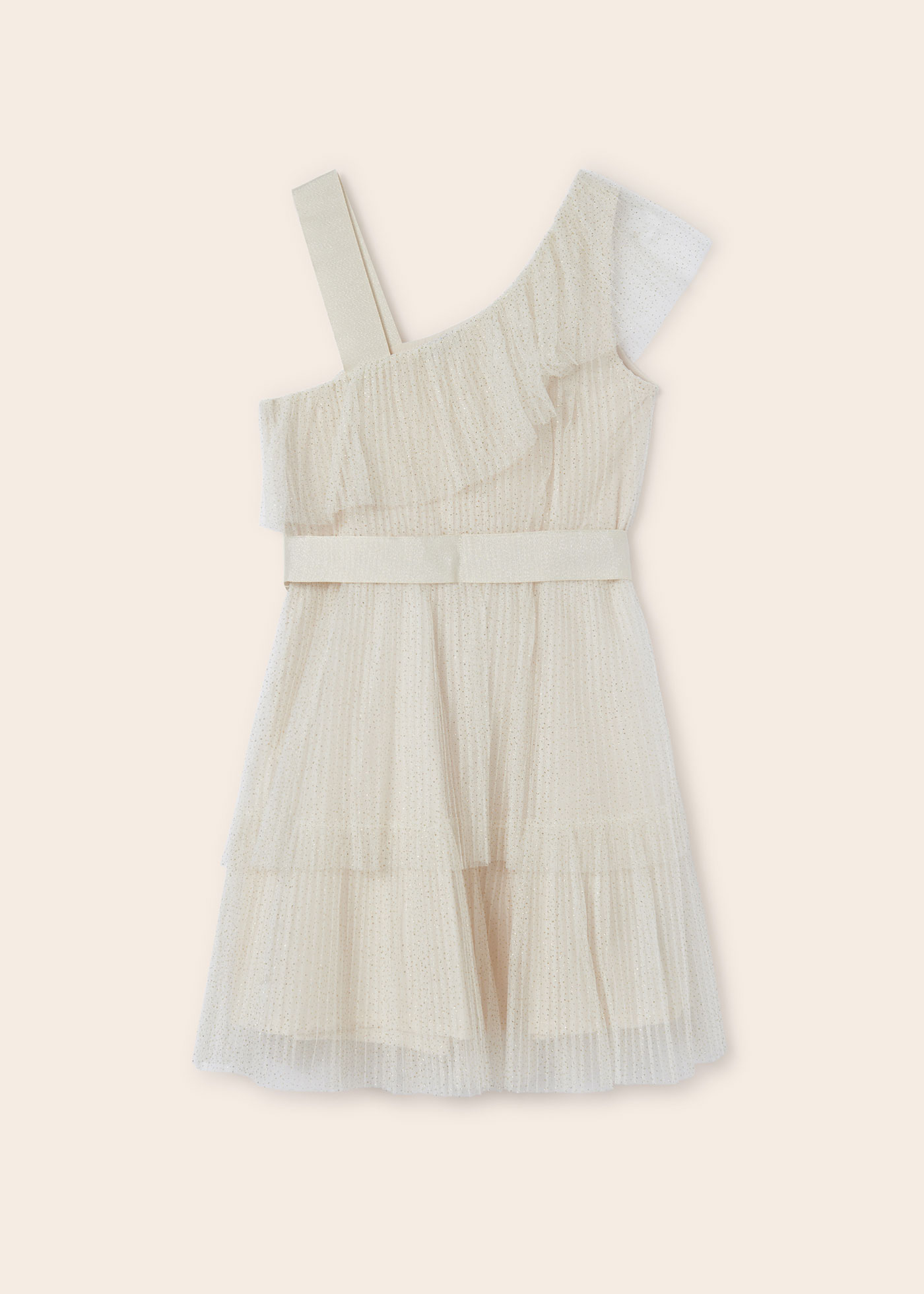 Vestido assimétrico de tule com fio metálico para meninas