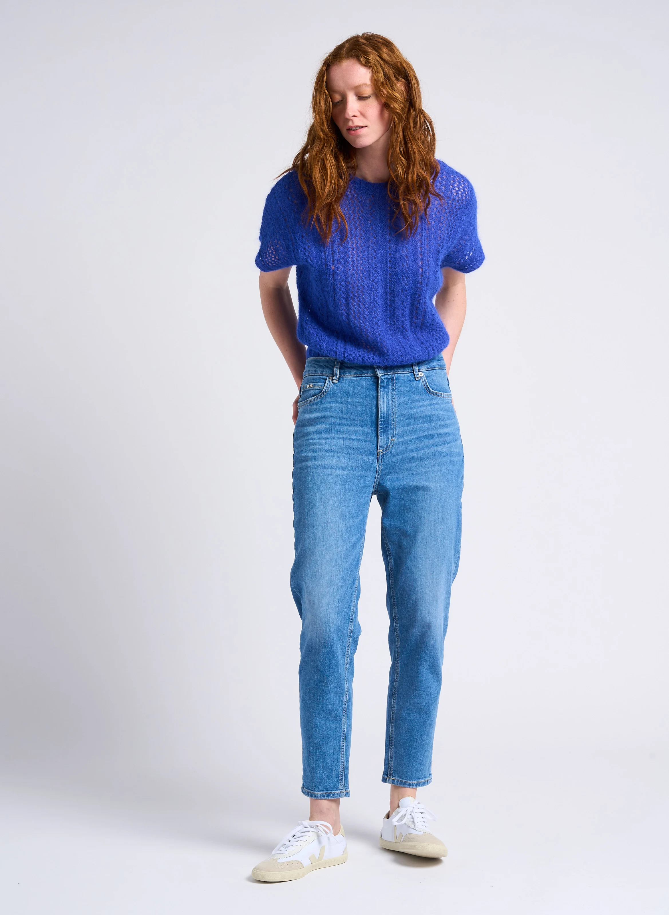 Jean mom-fit délavé taille haute en coton | Bleu