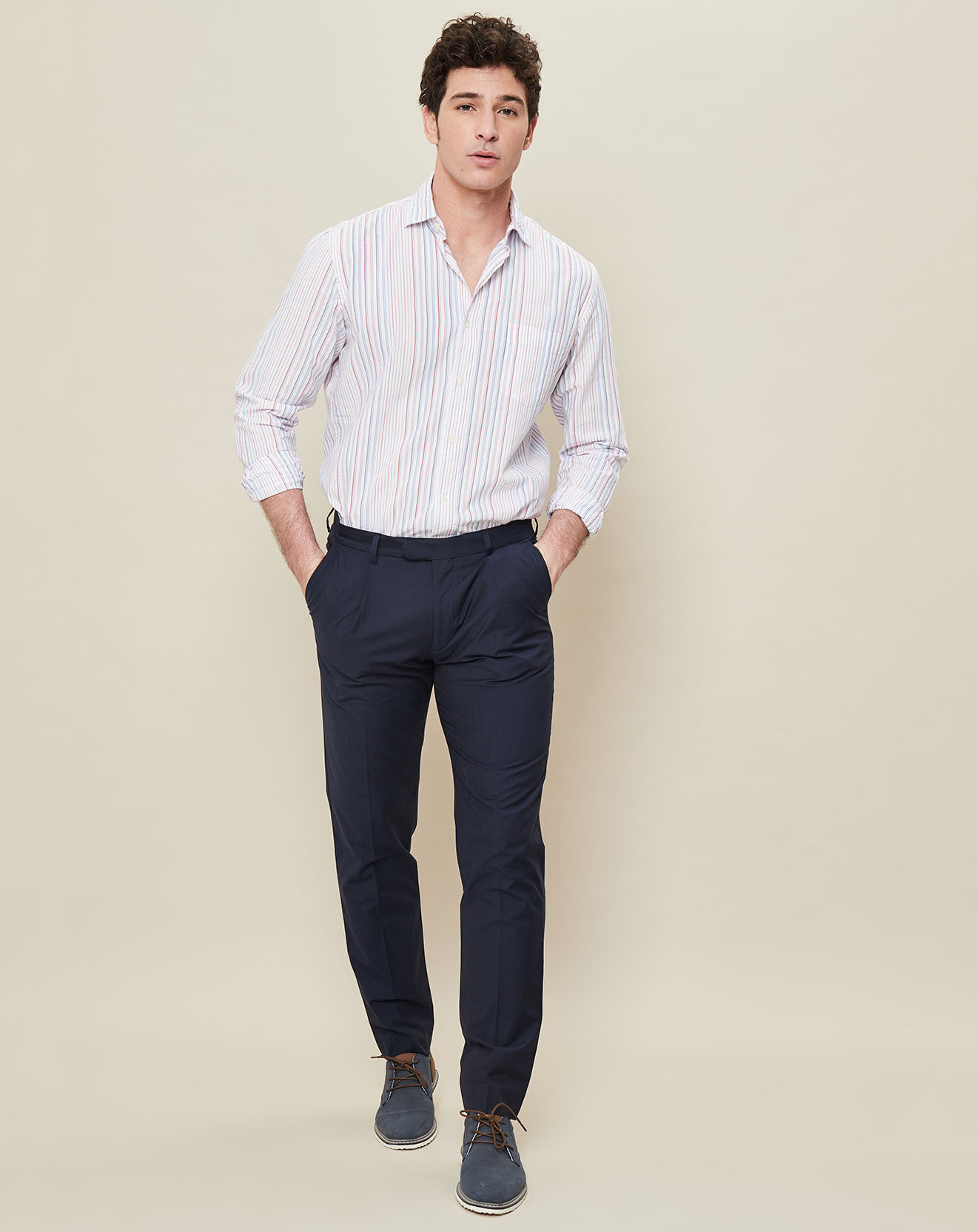 Hartford Chemise Regular Fit Paul à rayures gauffrées blanc/bleu/rouge
