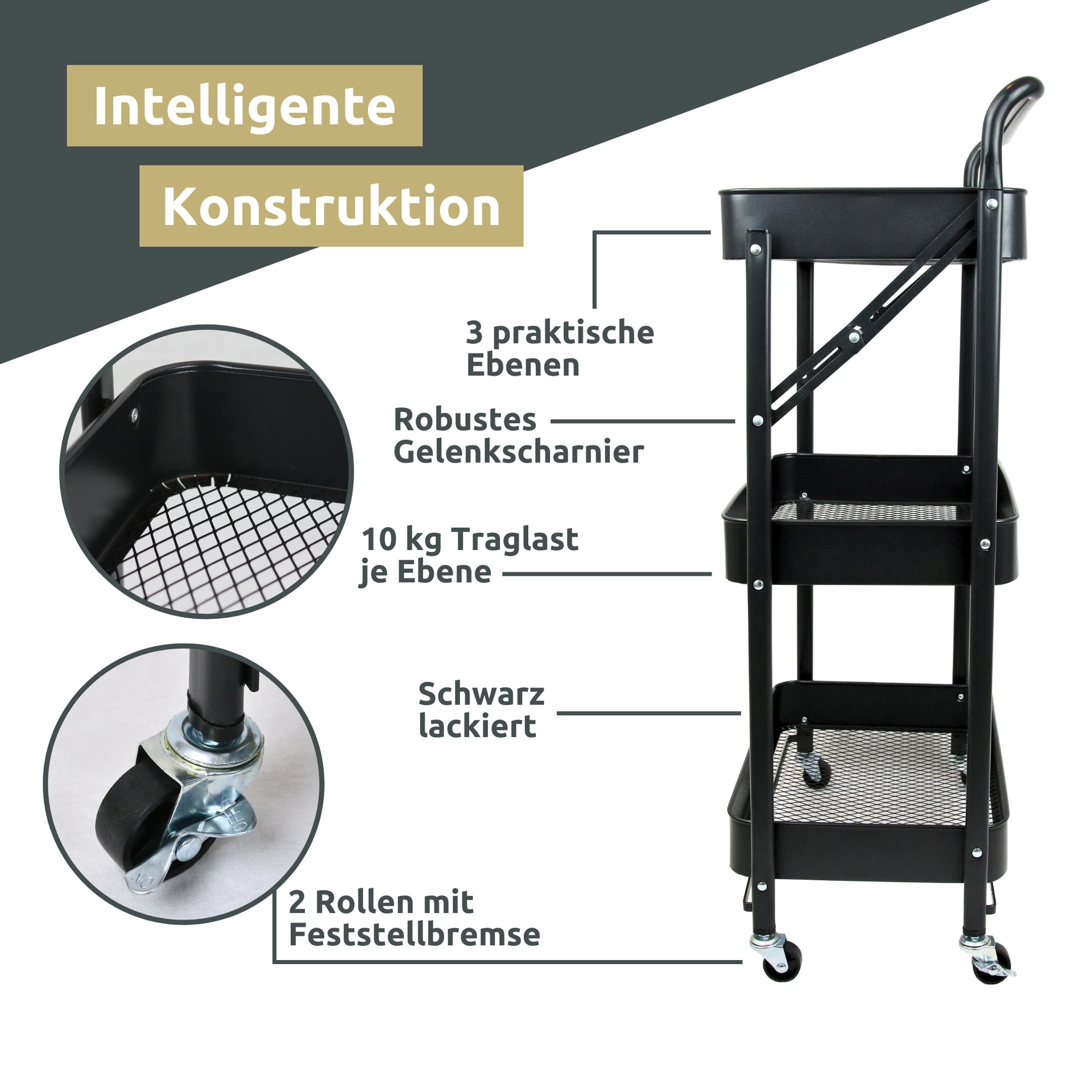 deluxe4home Servierwagen 45 x 87 cm schwarz