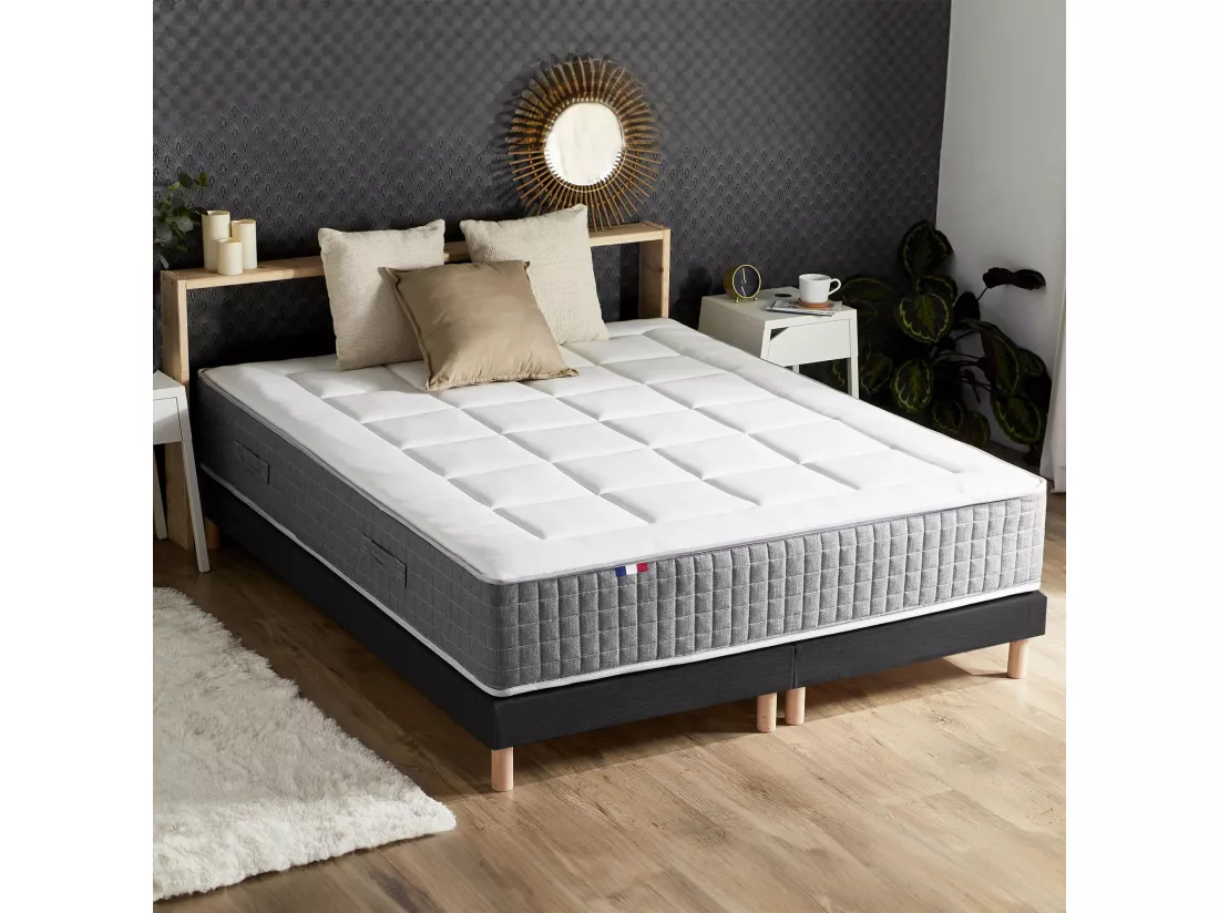 Ensemble Matelas Ressort 7 zones H.28cm + Sommier Fabriqué en France MAX Dimensions - 2x80 x 200 cm, Sommier - Noir