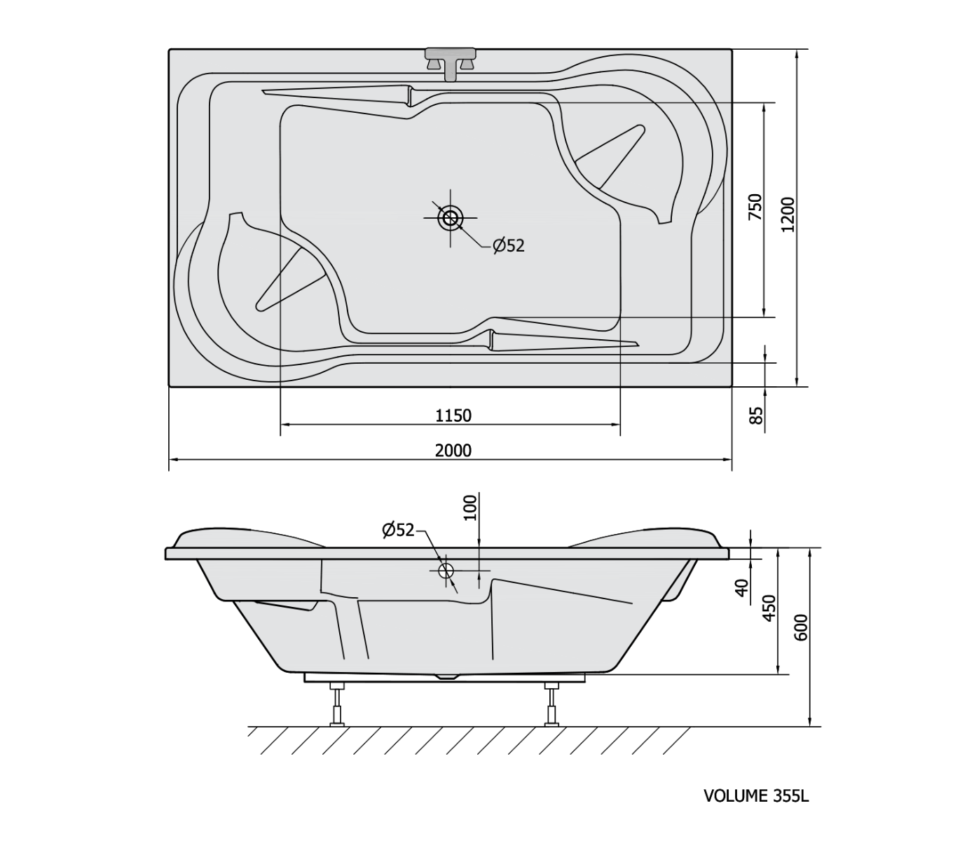 Polysan Duo rechthoekig bad met constructie 200x120x45cm wit