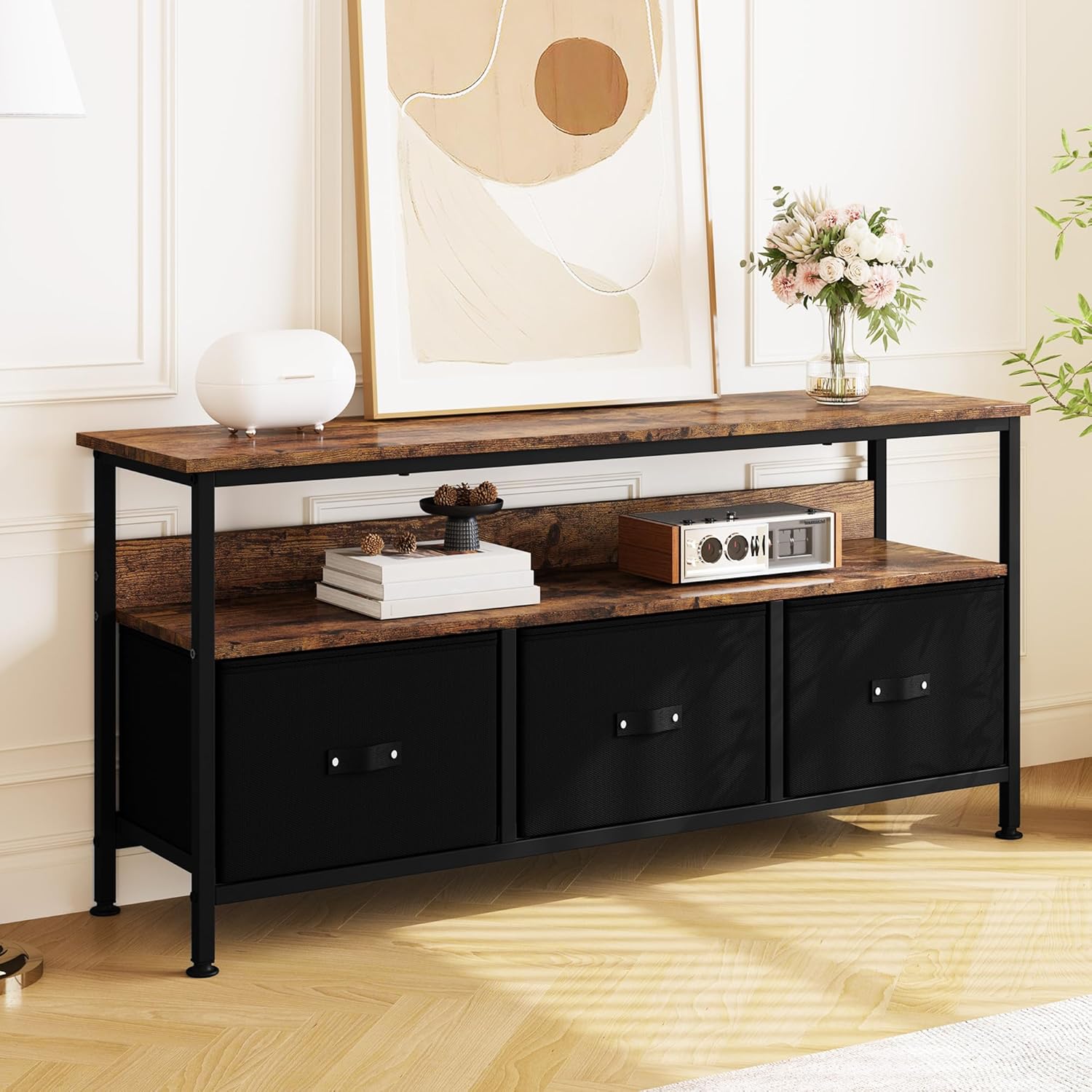 Garvee Taotigzu TV-Schrank, Fernsehschrank, Lowboard Für Fernseher Bis Zu 65 Zoll, TV Board Mit 3 Schubladen Aus Stoff, 1 Offenen Fächern, Fernsehtisch Mit Stahlgestell Für Wohnzimmer, 120Lx30Wx57Hcm