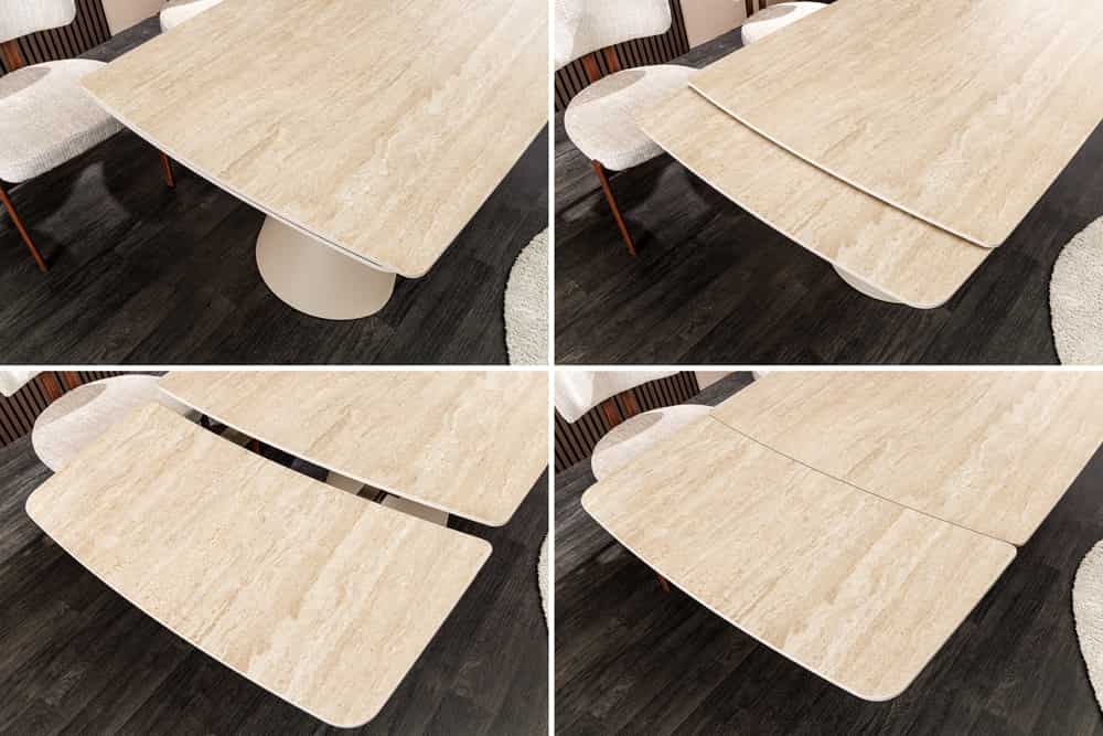 Ausziehbarer Esstisch VOGUE 160-240cm beige Keramik Travertin Metall champagner greige