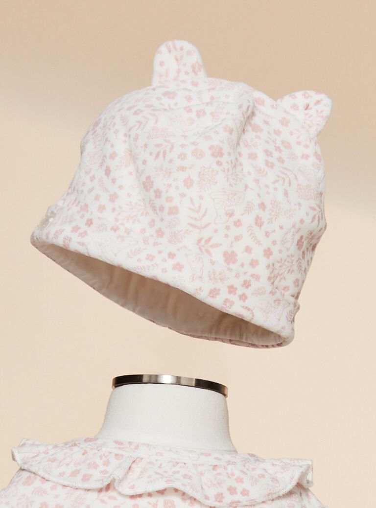 Grenouillère et son bonnet en velours rose poudré et écru
