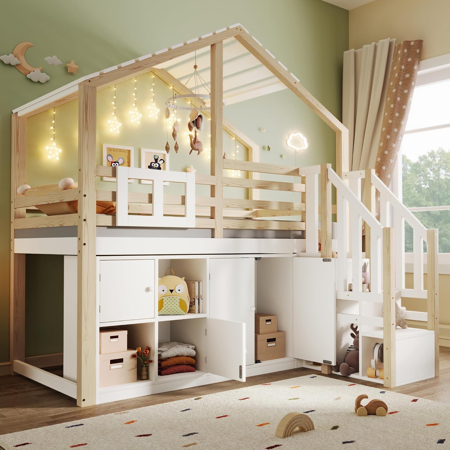 Kinderbett Hochbett 90x200 cm mit Dach und Treppe, Hausbett Etagenbett mit Rausfallschutz und Stauraum, Einzelbett Holzbett mit Fenster und Stauschrank, Weiß+Natur, Ohne Matratze