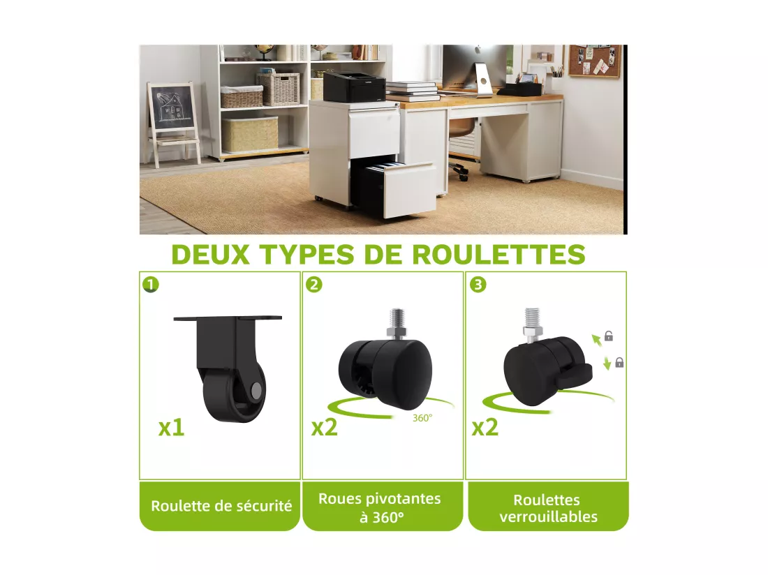 2 Tiroirs Caisson de Bureau - Métal Caisson - Caisson de Rangement avec roulettes pour Dossiers Suspendus - Blanc - 51 x 39 x 71cm
