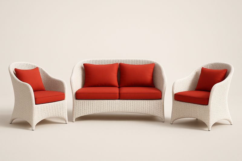 3-teiliges Outdoor-Rattanmöbel-Set Weiß Rot mit Kissen