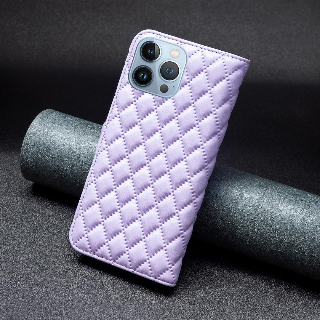 iPhone 13 Pro Leder Tasche Flip Cover Steppmuster - Lila