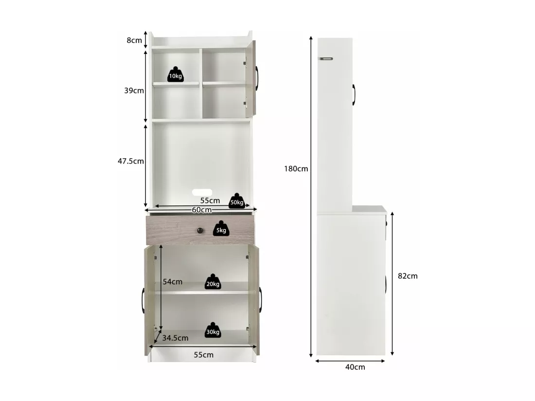 Buffet Cuisine, Armoire Cuisine Vaisselier 3 Portes avec Tiroir, Meuble Cuisine avec Passe-Câble, 3 Étagères, Placard de Cuisine, Kit Anti-basculement, 60 x 40 x 180 CM (Blanc)