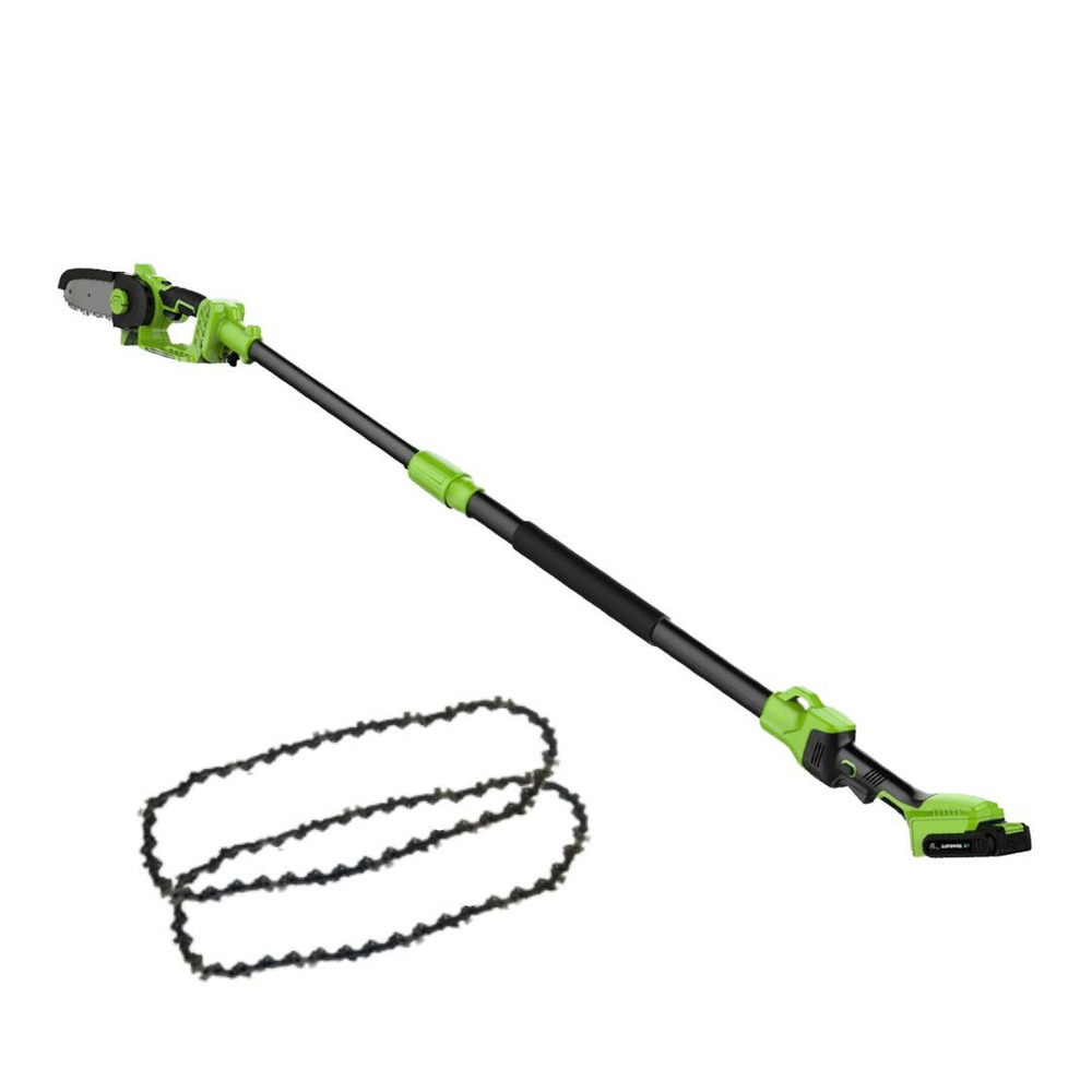 Pack tronçonneuse sans fil manche télescopique + lot de 2 chaînes-vert