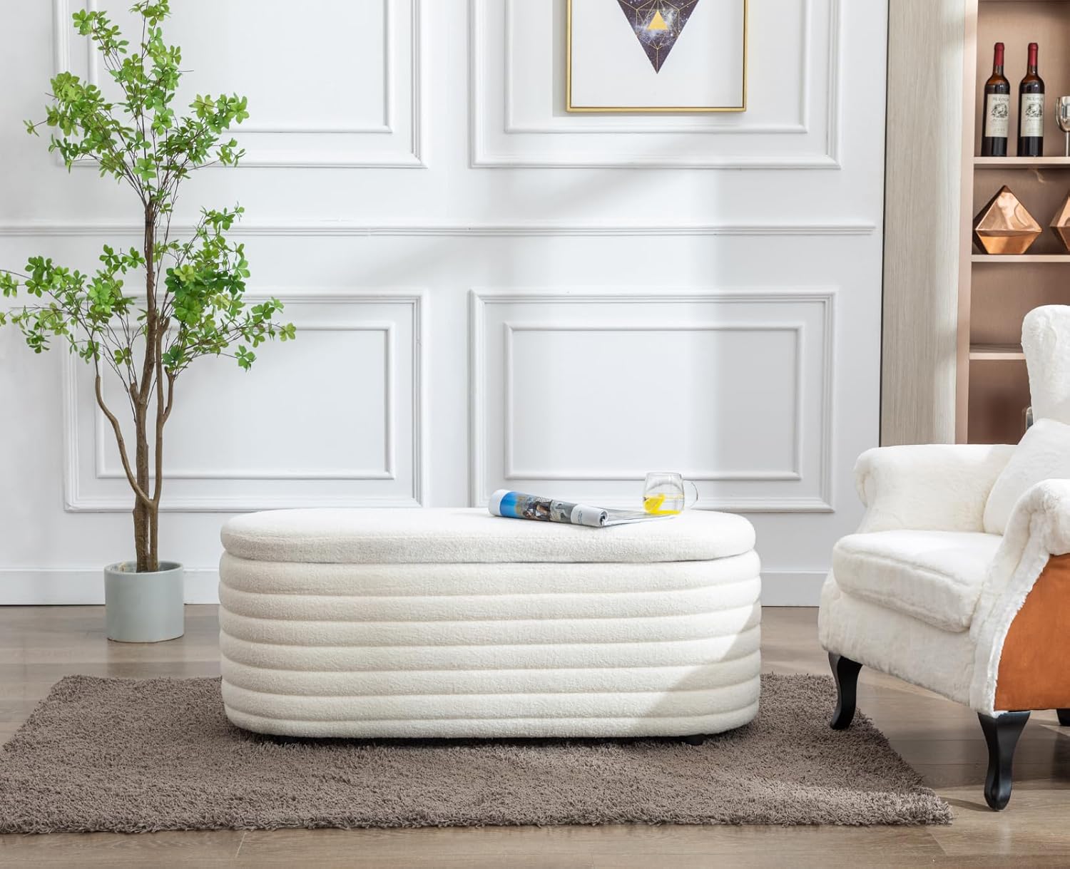 Sitzbank mit Stauraum, Moderne Sitztruhe aus Teddystoff Polsterbank Aufbewahrungsbox für Schlafzimmer, Flur oder Wohnzimmer, Weiß