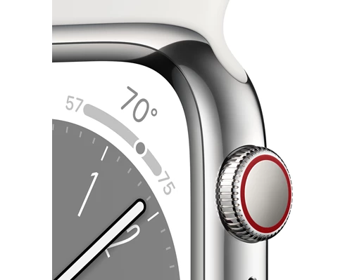 Apple Watch Series 8 GPS   Cellular 41mm Silver Stainless Steel Case with White Sport Band - Regular