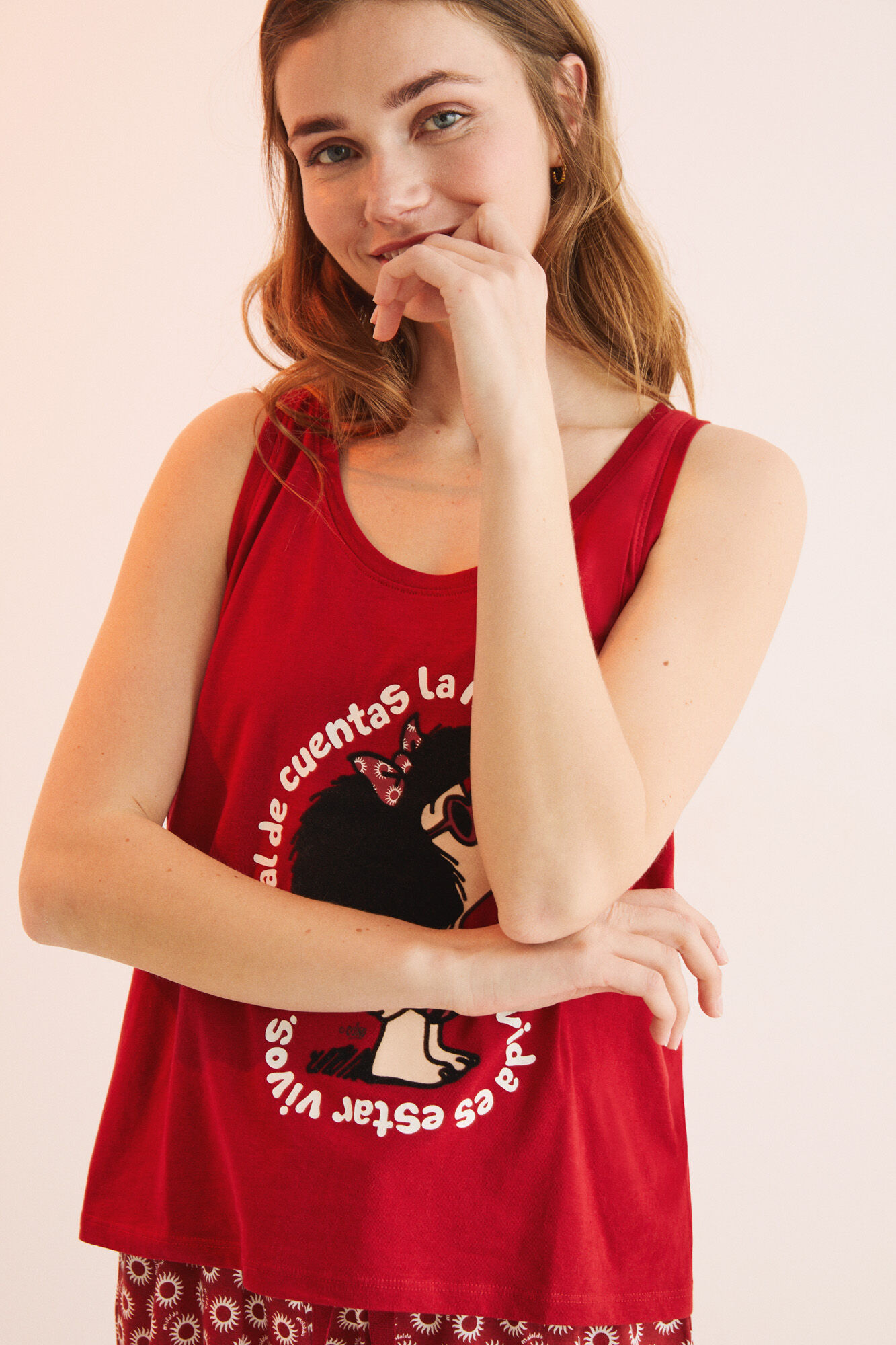 Pijama curto vermelho Mafalda, 100% algodão - vermelho